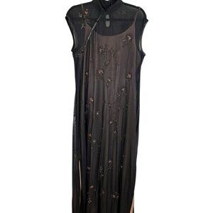Vintage 90s Y2K Whimsigoth Maxi Dress 10 Fairy Sheer Grunge Beaded Mesh Asian